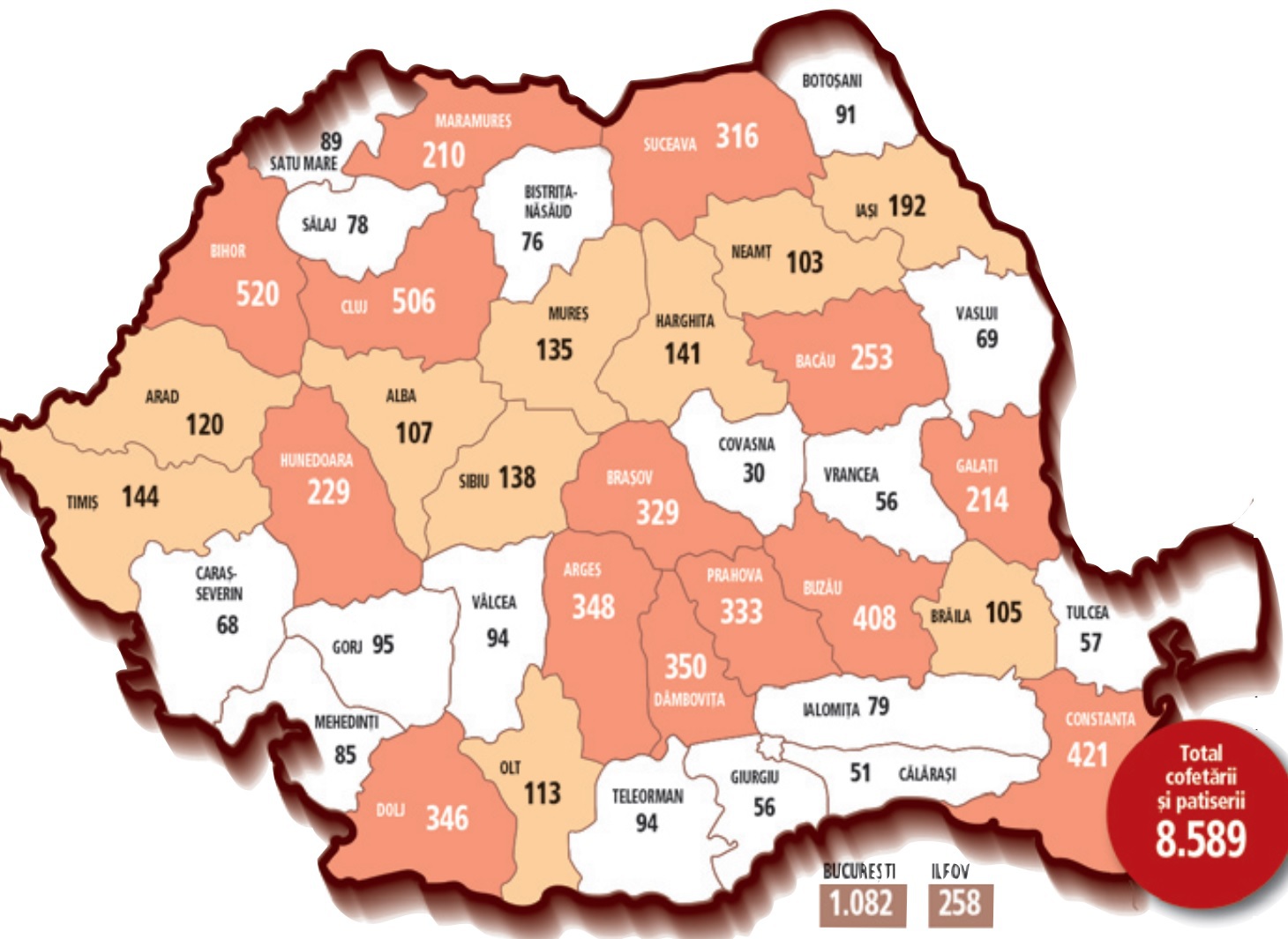 Harta cofetăriilor şi patiseriilor din România: România are 8.600 de unităţi, adică una la fiecare 2.200 de consumatori. Este interesant de observat că harta cofetăriilor şi patiseriilor nu este, spre deosebire de multe altele, o copie fidelă a hărţii economice