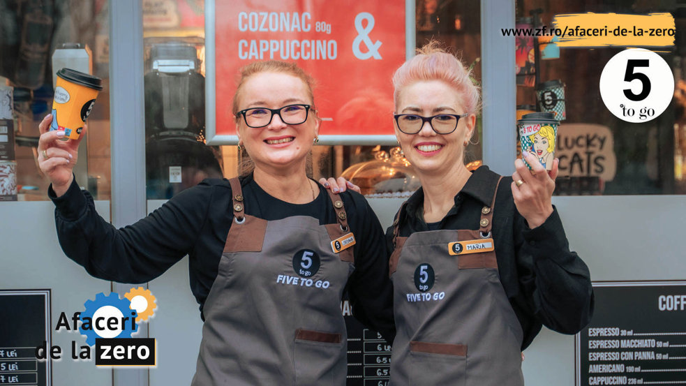Ediţie specială Afaceri de la Zero susţinută de 5 to go. Două colege de corporaţie au renunţat la job pentru a prelua franciza 5 to go, sub care deţin astăzi două cafenele. „A fost o decizie curajoasă cea de a pleca“