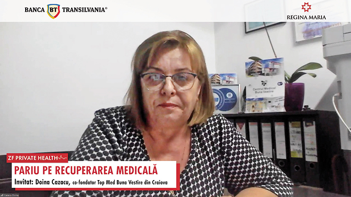 ZF Private Health. Doina Cazacu, Top Med Buna Vestire din Craiova: Vrem să creştem numărul de paturi din contract cu Casa de Sănătate, acum avem toate locurile ocupate pentru următoarele şase luni. Adresabilitatea a crescut foarte mult