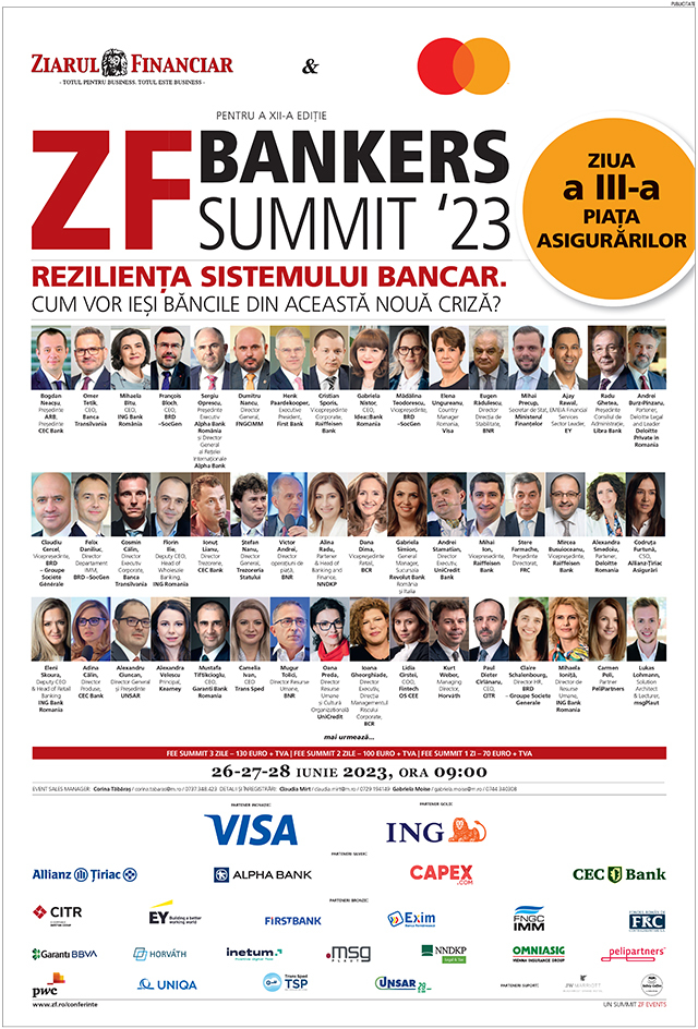 ZF Bankers 2023 începe luni de la ora 09:00. Principalii bancheri vor discuta despre situaţia la zi a sistemului bancar, principalii şefi de trezorerie vor discuta despre evoluţia dobanzilor, a cursului valutar iar BNR va discuta despre stabilitatea sistemului financiar al României