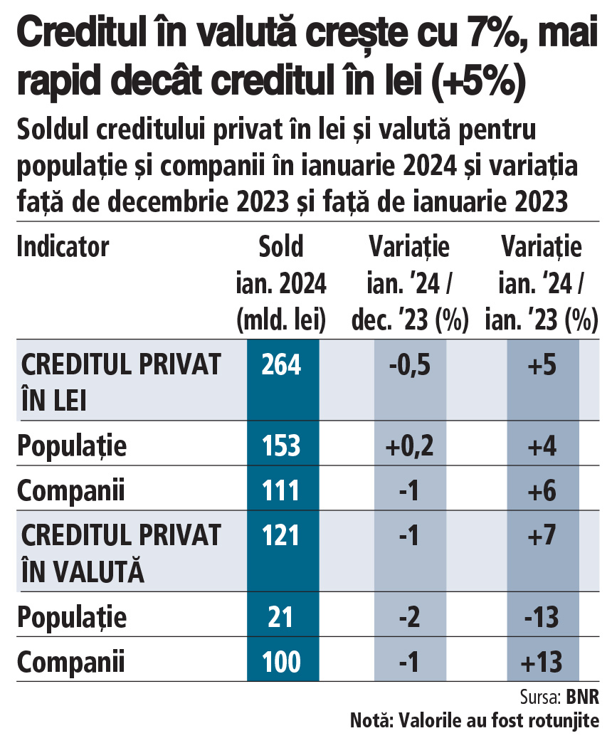 Creditul privat total creşte anemic la început de 2024, cu mai puţin de 6% faţă de ianuarie 2023. Împrumuturile firmelor în valută rămân motorul creditării, dar şi aici creşterea anuală a încetinit spre 13%, de la 40-50% în prima parte din 2023