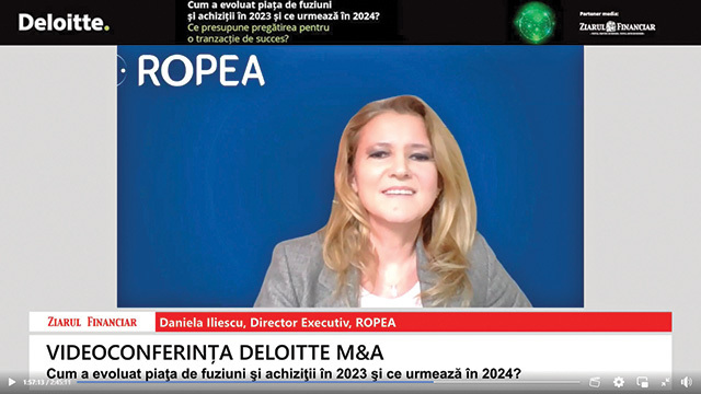 Deloitte M&A 2024. Daniela Iliescu, ROPEA: Fondurile de investiţii preferă ca banii pe care îi aduc ei să fie injectaţi mai departe în afacerea respectivă