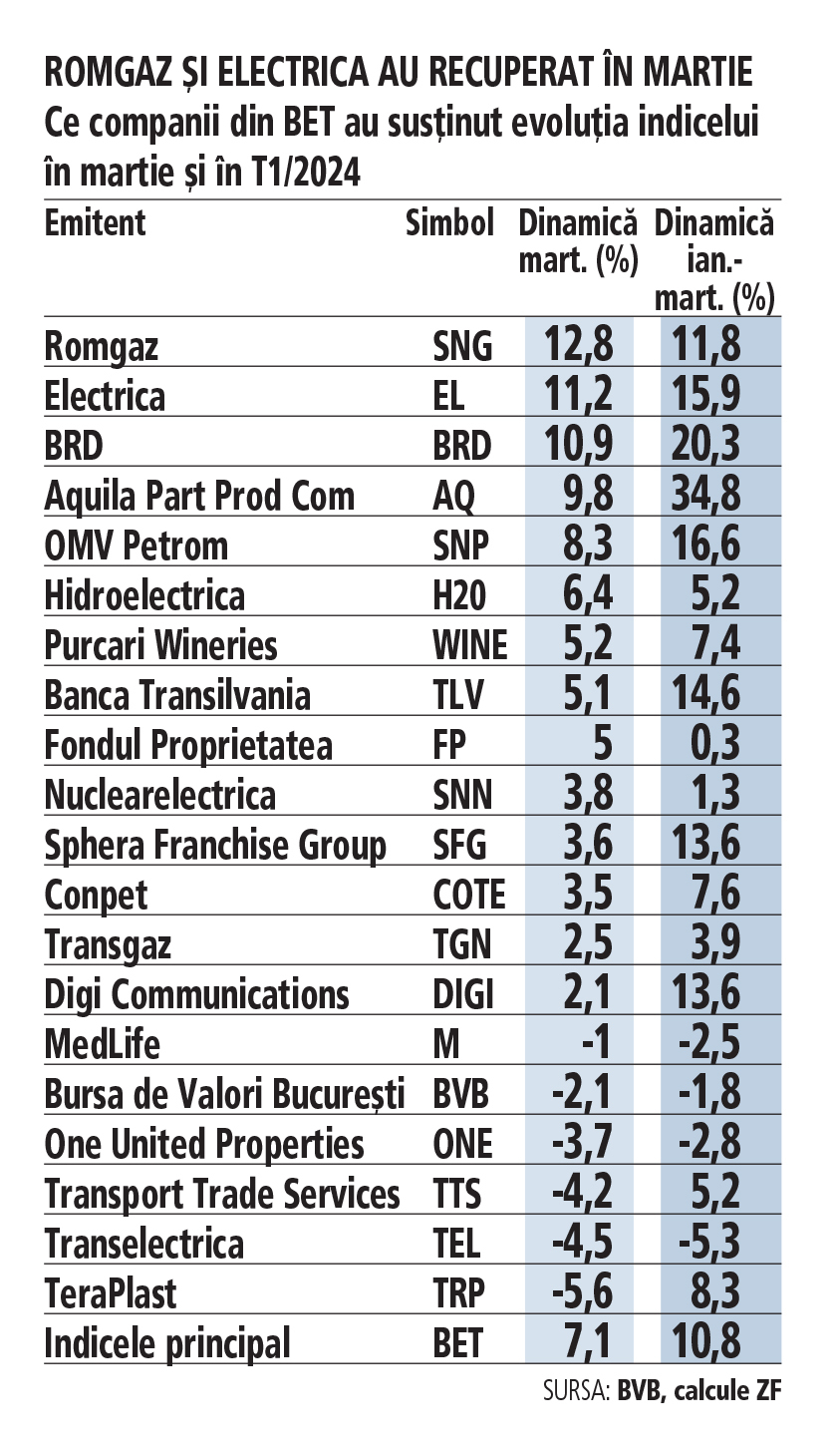 Romgaz, Electrica şi BRD SocGen au livrat luna trecută cele mai ridicate randamente din indicele de referinţă BET, în creştere cu 7%