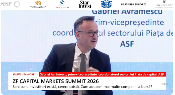 Gabriel Avrămescu, prim-vicepresedinte, coordonatorul sectorului Piata de capital, ASF:  Avem o piaţă de capital în care există incredere şi ea trebuie păstrată. Este nevoie de un cadru de reglementare bine punctat, de protecţia consumatorilor şi de educa