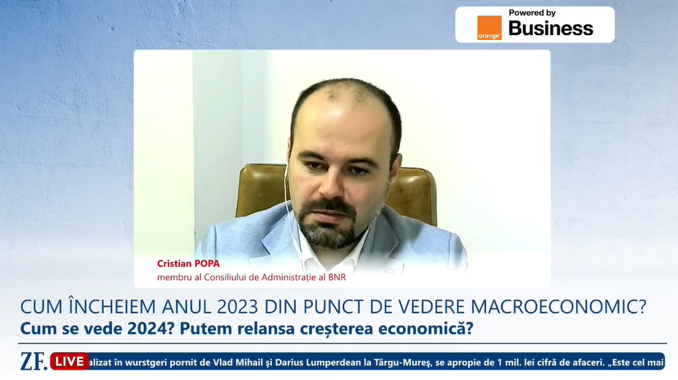 ZF Live. Cristian Popa, BNR: Economia românească este acum într-un scenariu de „soft landing”. În 2023, BNR a întărit condiţiile monetare, încurajând economisirea, dar a lăsat lichiditatea în piaţă pentru ca sectorul bancar să poată funcţiona în continuare
