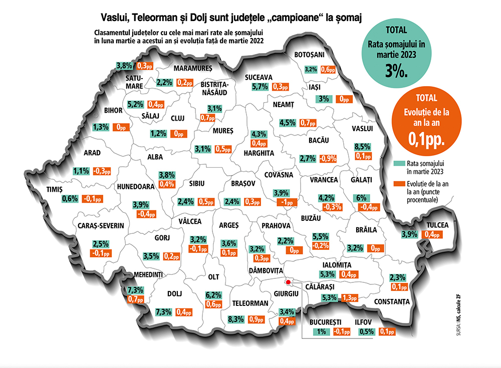 România extremelor şomajului: judeţele Ilfov şi Timiş au o rată a şomajului de sub 1%, iar în Vaslui şi Teleorman depăşeşte 8%