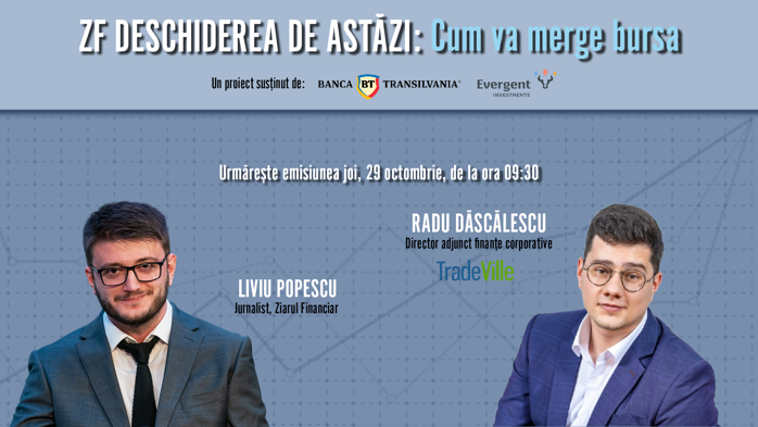 Urmăriţi ZF Deschiderea de Astăzi, 29 octombrie: Radu Dăscălescu, analist Tradeville, despre raliul Rompetrol Rafinare care s-a extins la Rompetrol Well Services şi Oil Terminal şi despre de ce investitorii neglijează companiile de pe AeRO