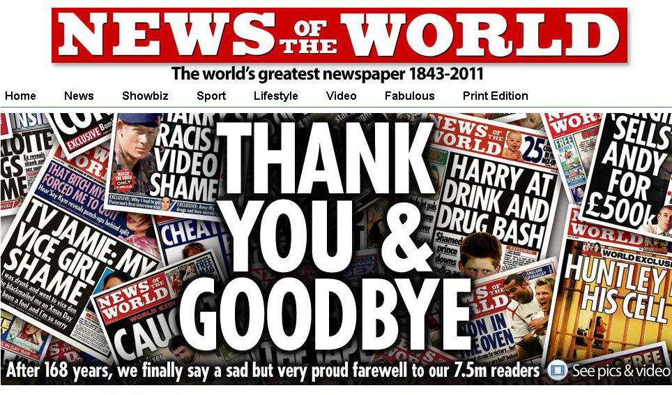 Ultima ediţie a săptămânalului News of the World: "Mulţumim şi la revedere". "Acum, în cea mai bună tradiţie, mergem la cârciumă"