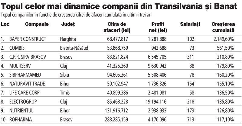 Constructori şi industriaşi în topul celor mai dinamice companii din Transilvania şi Banat